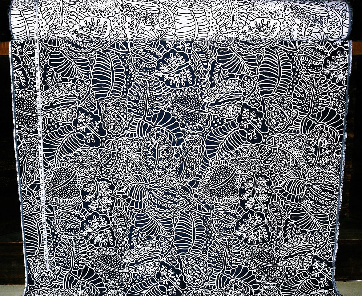 Tropical Jungle Leaf Fabric Navy Blue Reversible Upholstery Material