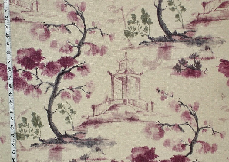 Oriental Toile Fabric Purple Ink Wash Painting Literati Pagoda