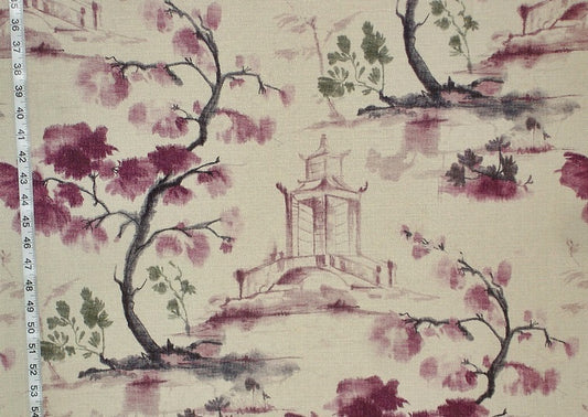 Oriental Toile Fabric Purple Ink Wash Painting Literati Pagoda