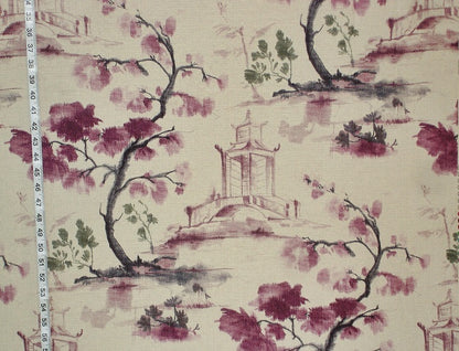Fabric with cherry blossom and pagoda design, measured against a ruler.