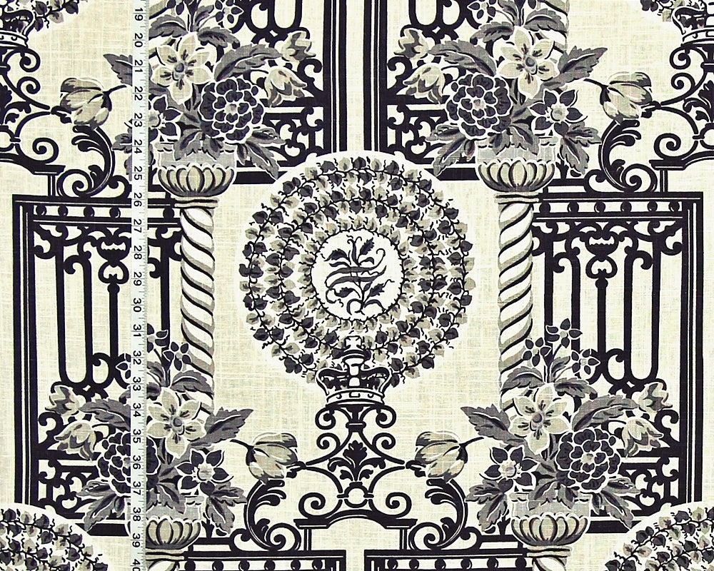 Garden Fabric Architecture Fence Floral Crown Black Linen