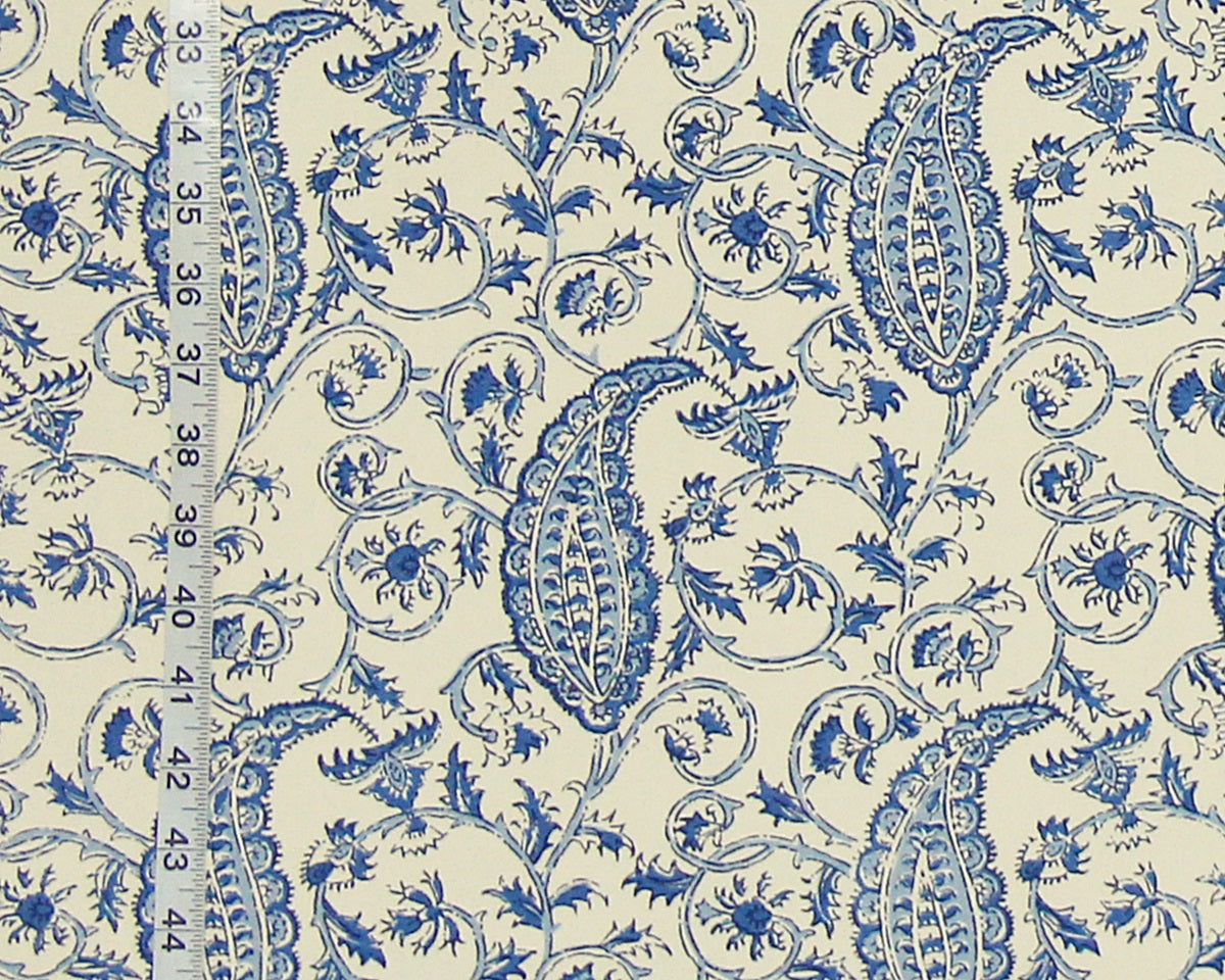 Paisley Fabric Delft Blue Handprint Mid Century