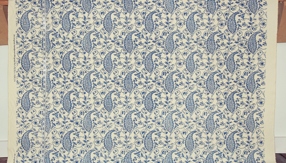 Paisley Fabric Delft Blue Handprint Mid Century