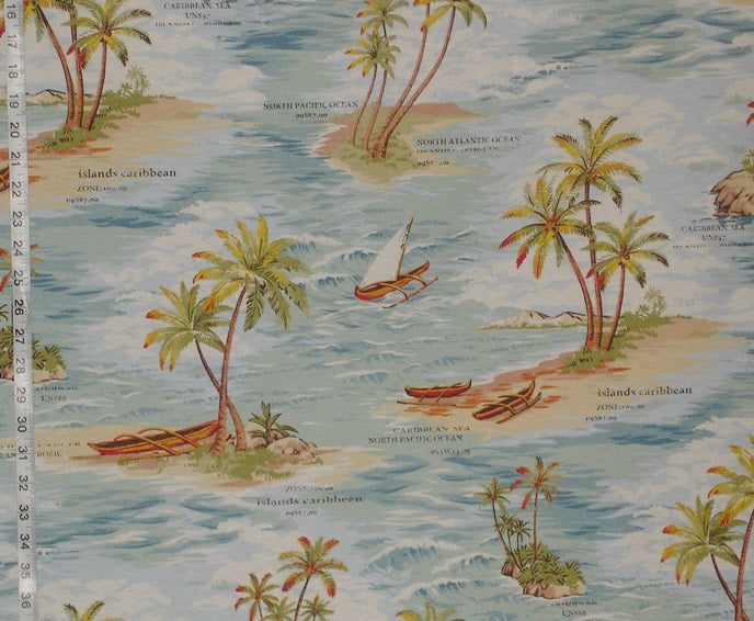 Retro Tropical Ocean Fabric Hawaiian Islands Boat Caribbean