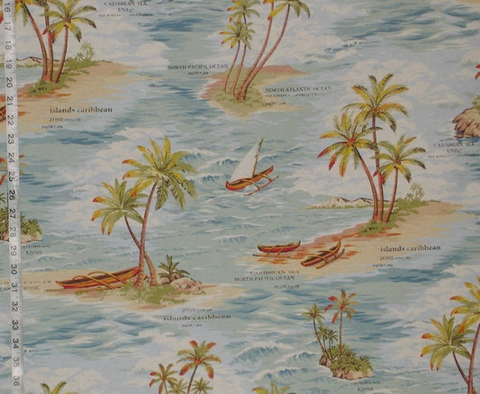 Retro Tropical Ocean Fabric Hawaiian Islands Boat Caribbean