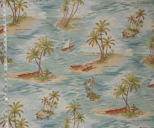 Retro Tropical Ocean Fabric Hawaiian Islands Boat Caribbean