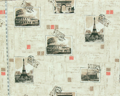 Vintage Travel Fabric Paris Eiffel Tower Rome Italy Postcards