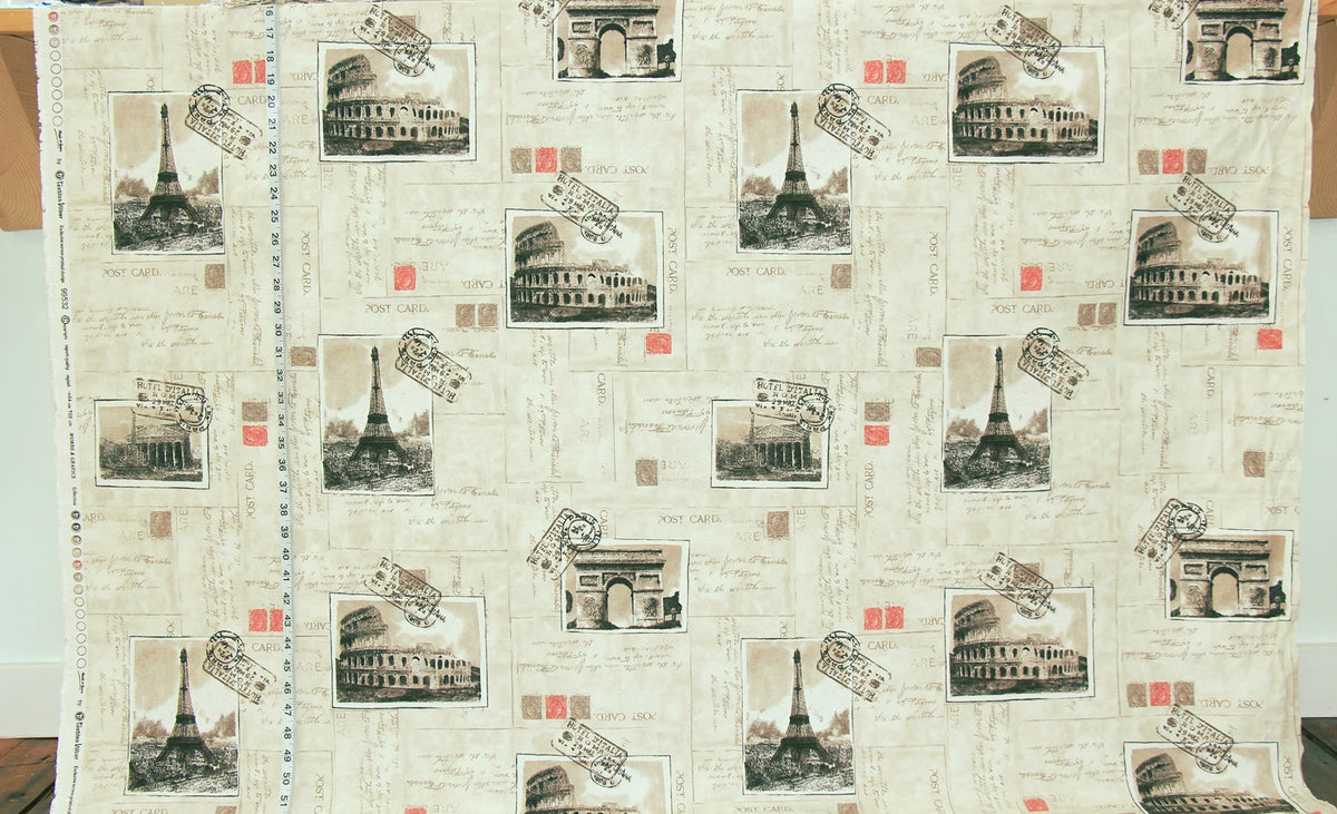Vintage Travel Fabric Paris Eiffel Tower Rome Italy Postcards