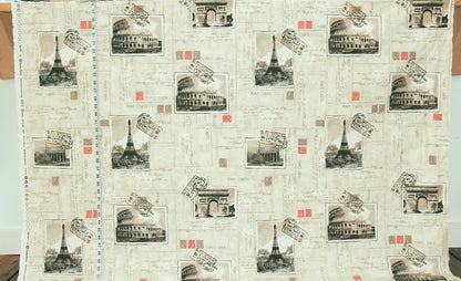Vintage Travel Fabric Paris Eiffel Tower Rome Italy Postcards