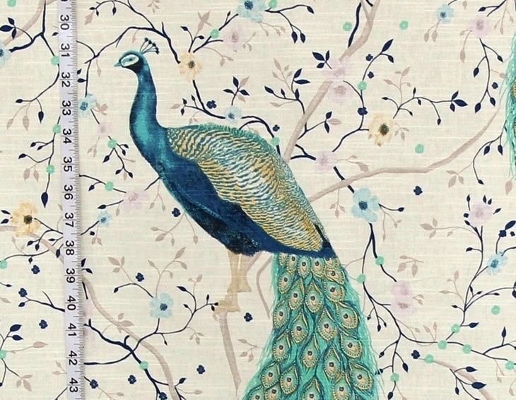 Peacock on a floral patterned fabric with a ruler for scale.
