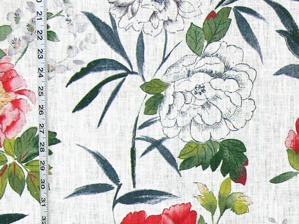 Red pink peony toile fabric linen floral watercolor