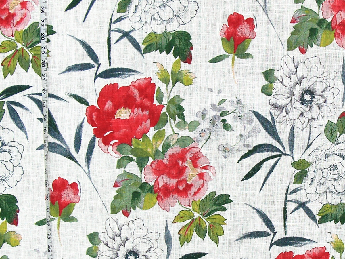 Red pink peony toile fabric linen floral watercolor