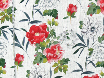Red pink peony toile fabric linen floral watercolor