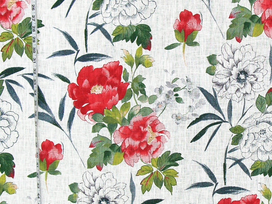 Red pink peony toile fabric linen floral watercolor