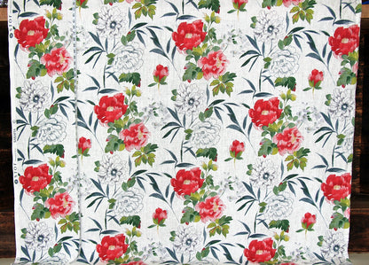 Red pink peony toile fabric linen floral watercolor