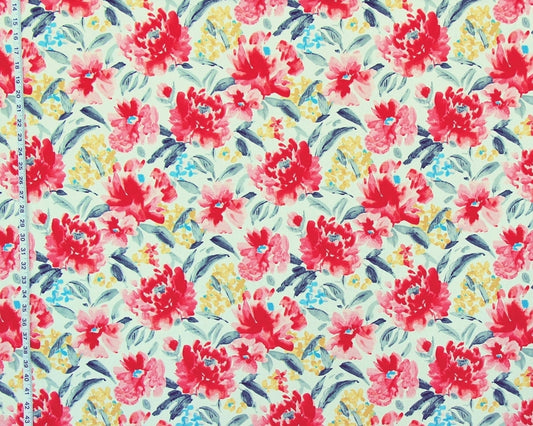 Red pink peony fabric spring flower garden watercolor