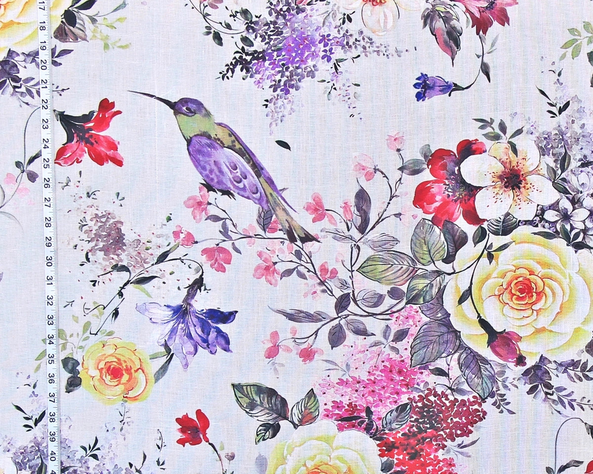 Purple tropical bird fabric spring floral yellow rose linen