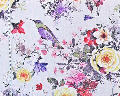 Purple tropical bird fabric spring floral yellow rose linen
