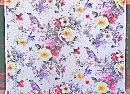 Purple tropical bird fabric spring floral yellow rose linen