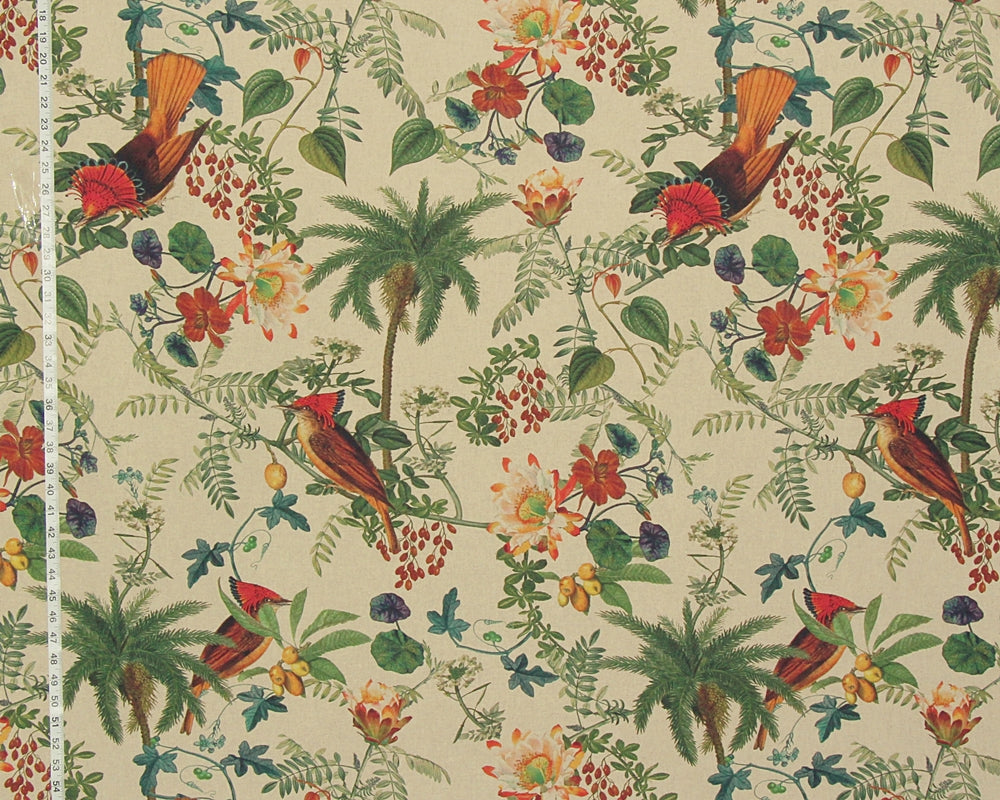 A vintage-style fabric pattern featuring red and orange birds, green palm trees, and tropical flowers on a warm beige background, with a white ruler visible along the left edge for scale.