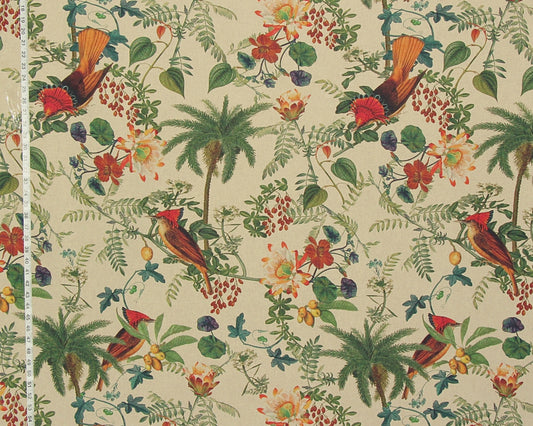 A vintage-style fabric pattern featuring red and orange birds, green palm trees, and tropical flowers on a warm beige background, with a white ruler visible along the left edge for scale.