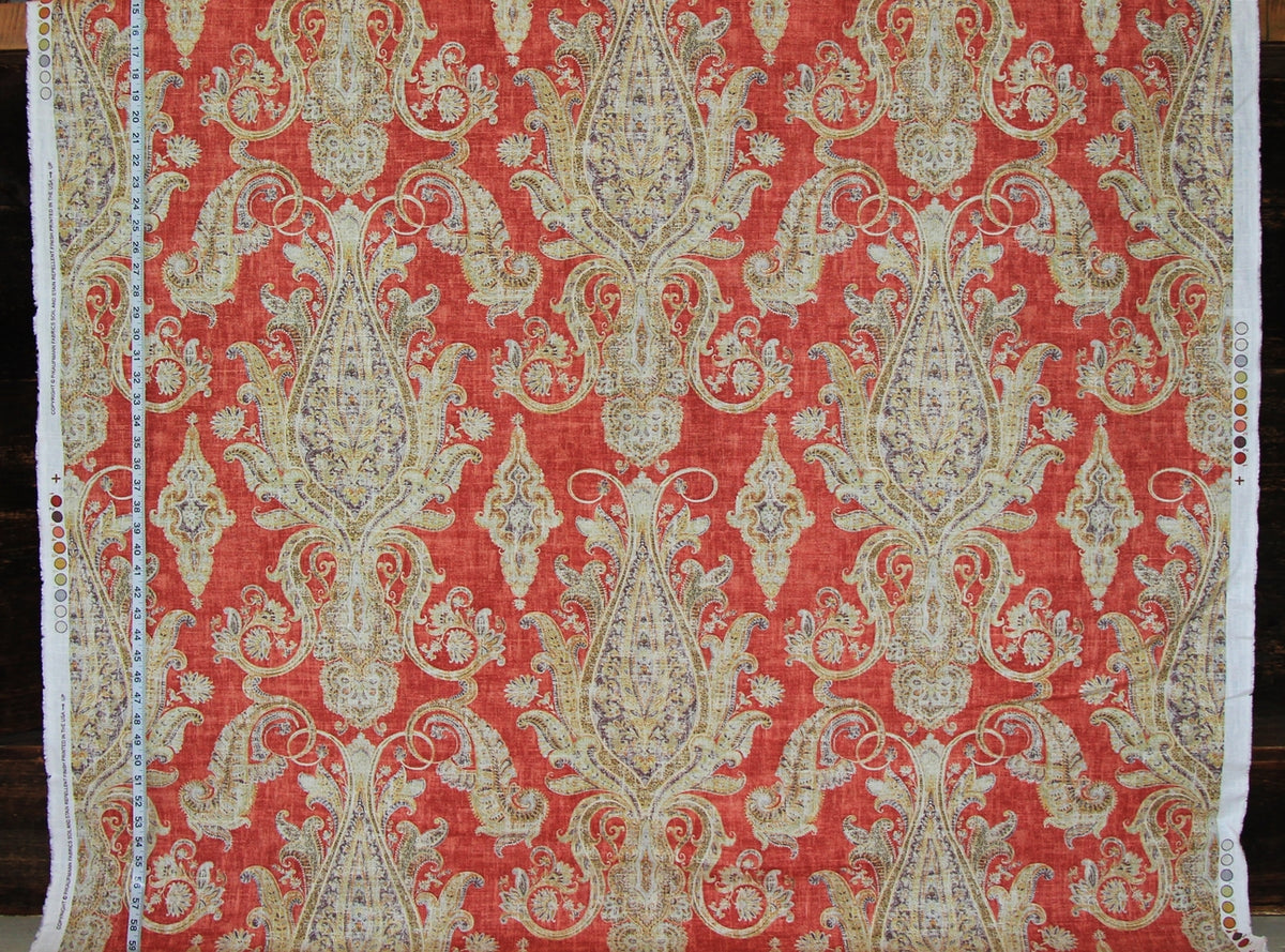 Red orange paisley fabric purple gold vintage look linen- 48"