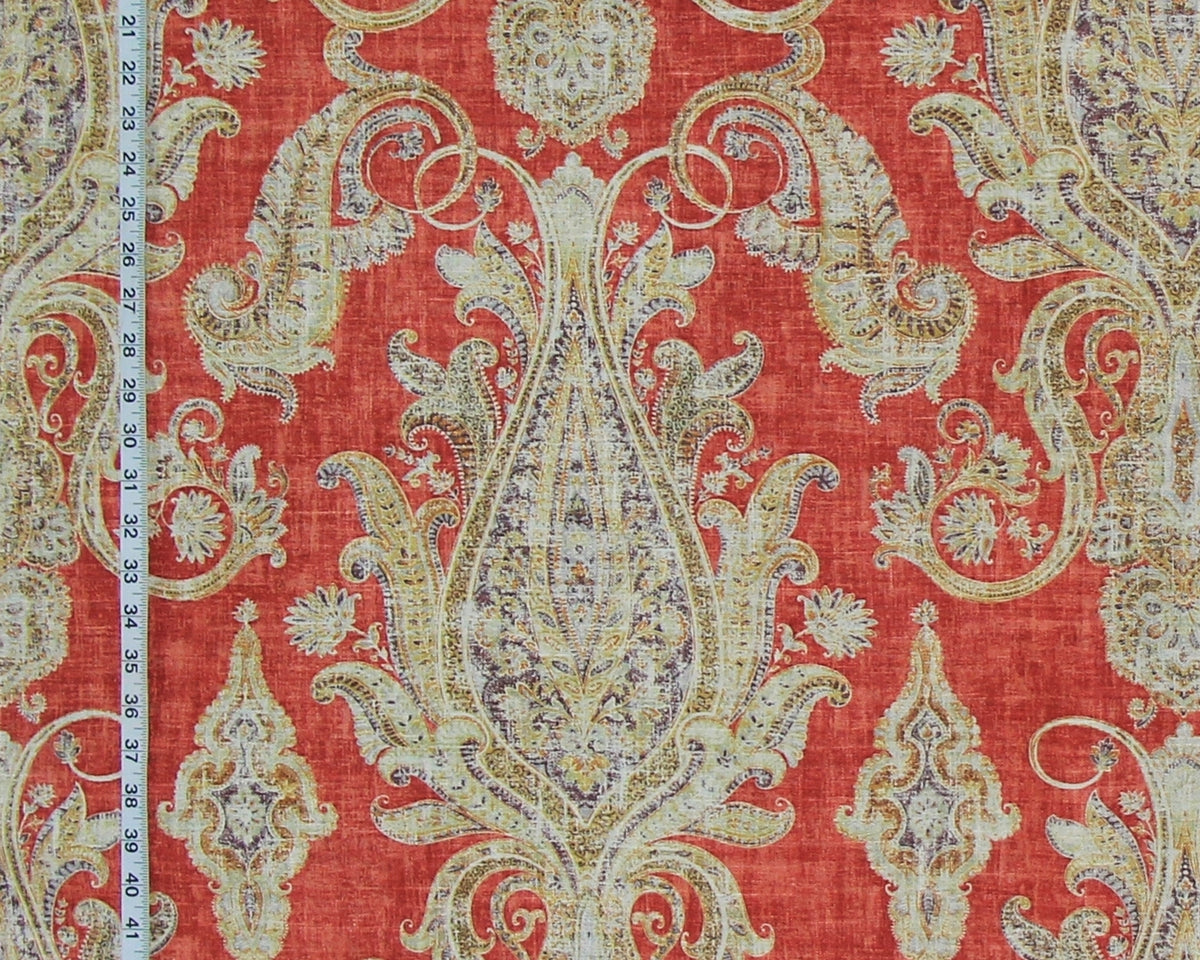 Red orange paisley fabric purple gold vintage look linen- 48"