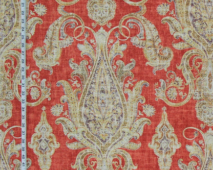 Red orange paisley fabric purple gold vintage look linen- 48"