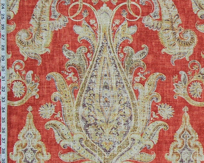 Red orange paisley fabric purple gold vintage look linen- 48"