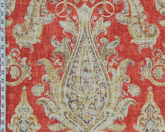 Red orange paisley fabric purple gold vintage look linen- 48"