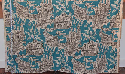 Teal Indian toile fabric blue Asian horse REMNANT- 36"