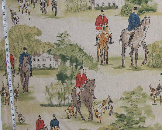 Horse hunt fabric equestrian hounds toile red blue : 40" Remnant