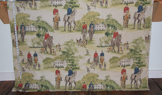 Horse hunt fabric equestrian hounds toile red blue : 40" Remnant