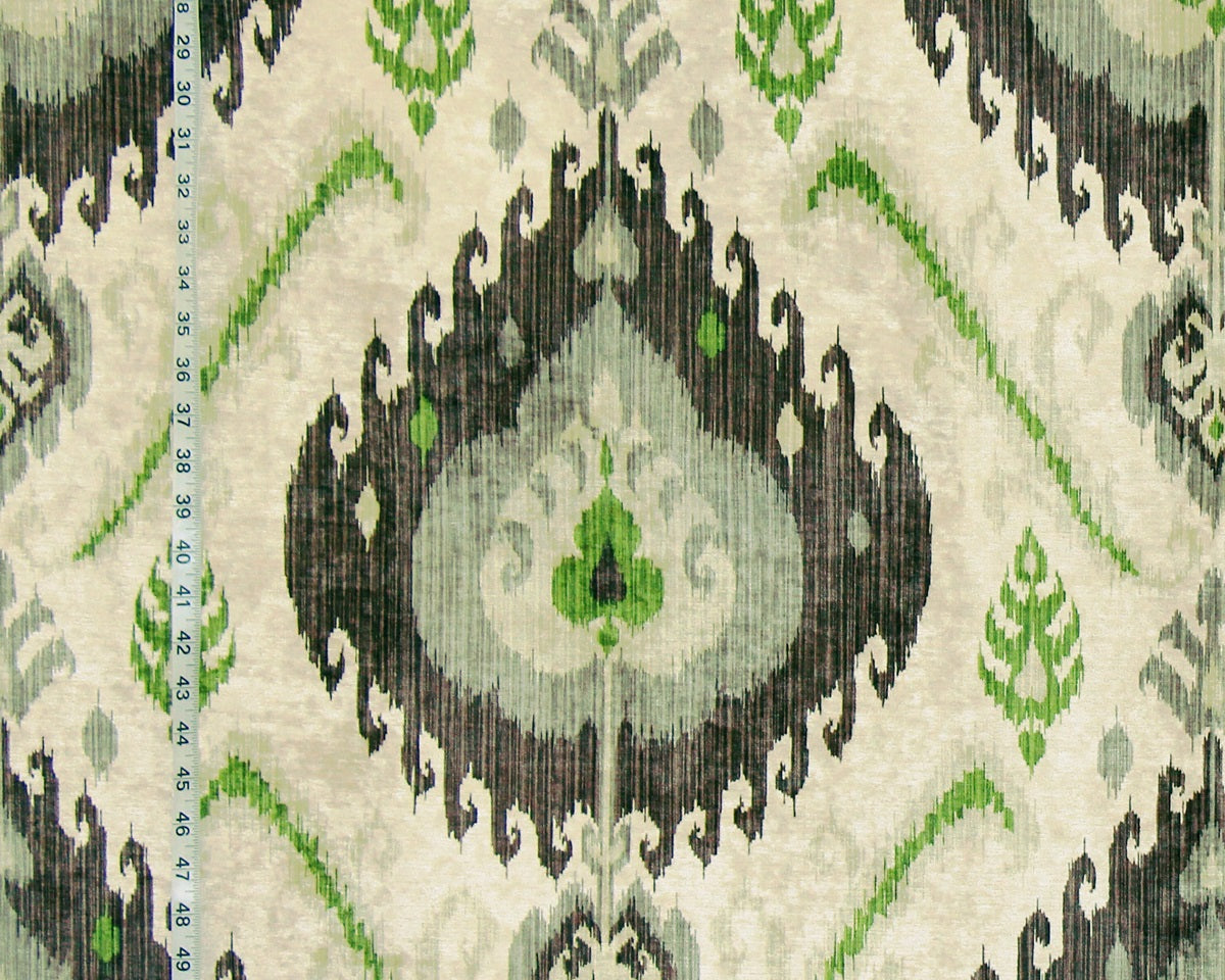 Green brown ikat fabric chenille velvet upholstery Remnant- 31"