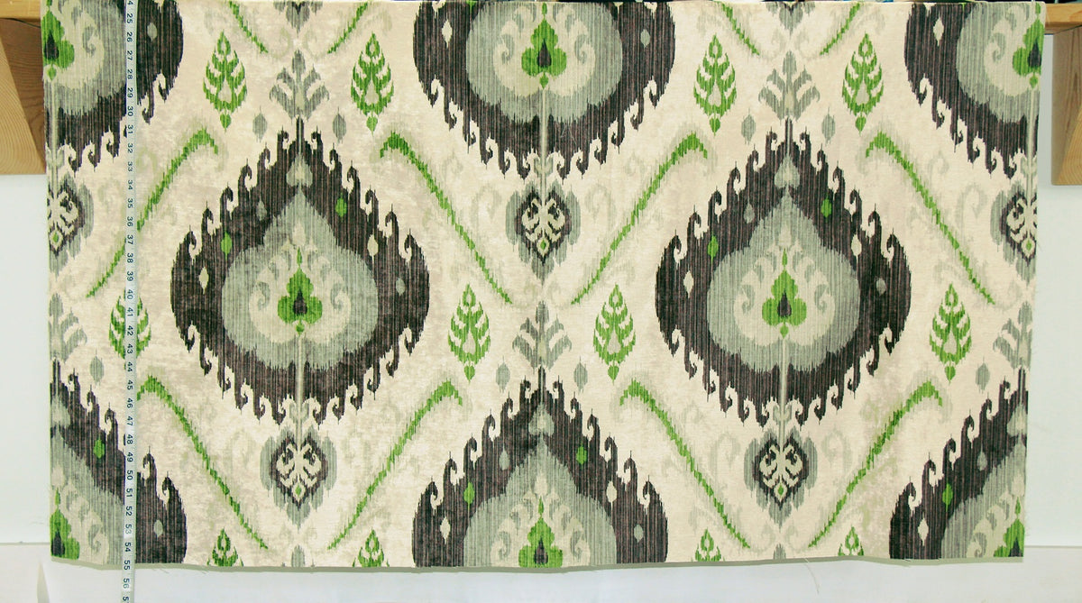 Green brown ikat fabric chenille velvet upholstery Remnant- 31"