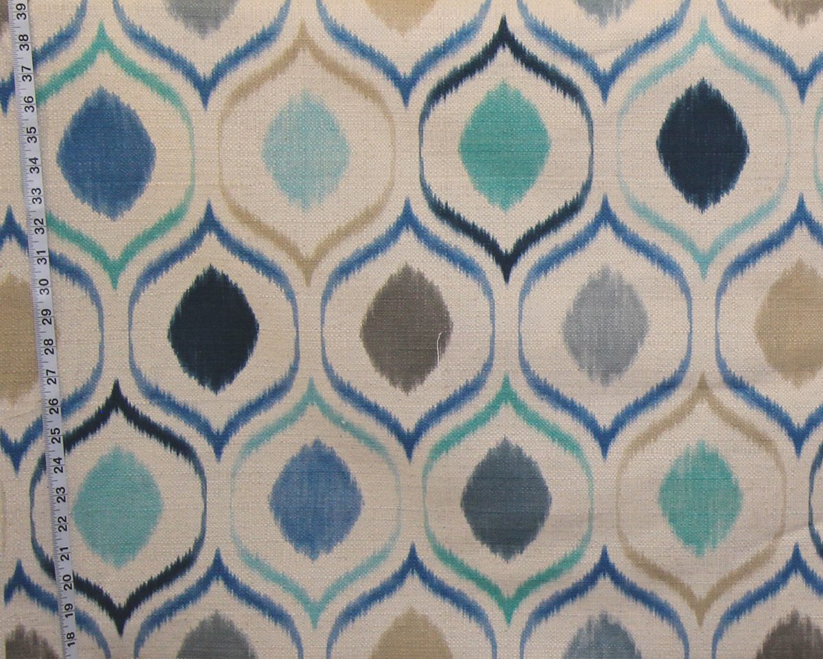 Blue ikat fabric aqua oval upholstery : 24" Remnant