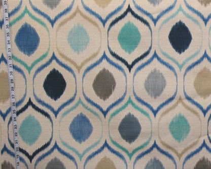 Blue ikat fabric aqua oval upholstery : 24" Remnant