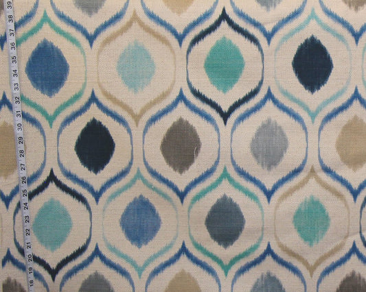 Blue ikat fabric aqua oval upholstery : 24" Remnant