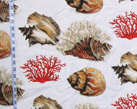Tropical red coral fabric conch seashell : 30" Remnant