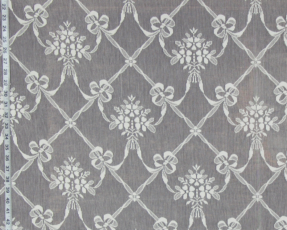 Nottingham Lace Curtain Fabric, Ribbon Flower Ivory
