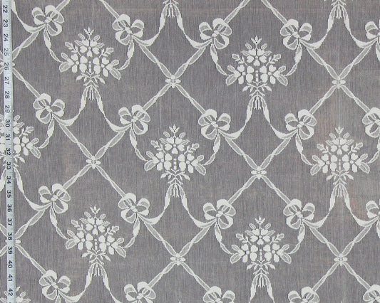 Nottingham Lace Curtain Fabric, Ribbon Flower Ivory