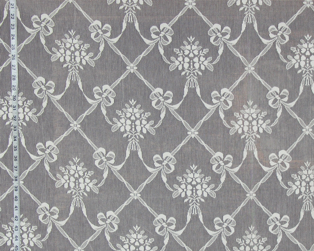 Nottingham Lace Curtain Fabric, Ribbon Flower Ivory