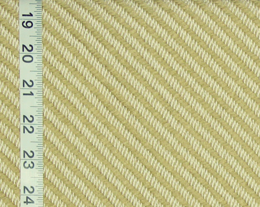 A close-up of a woven fabric texture in pale yellow and off-white, with a white measuring tape running vertically along the left edge for scale.