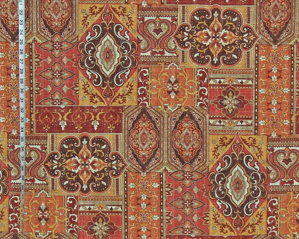 Ethnic Rug Fabric Patchwork Gold, Orange, Brown Linen