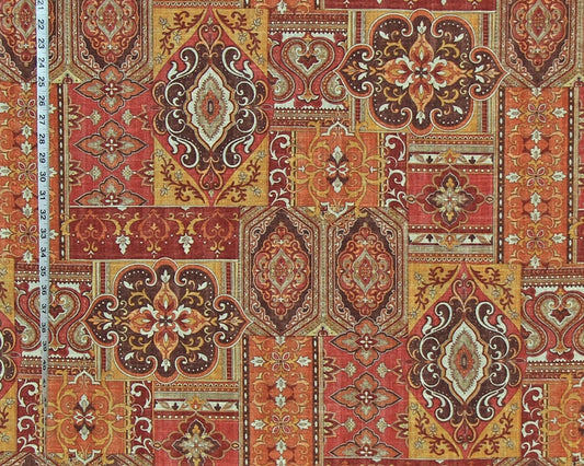 Ethnic Rug Fabric Patchwork Gold, Orange, Brown Linen