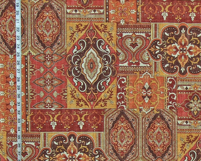 Ethnic Rug Fabric Patchwork Gold, Orange, Brown Linen