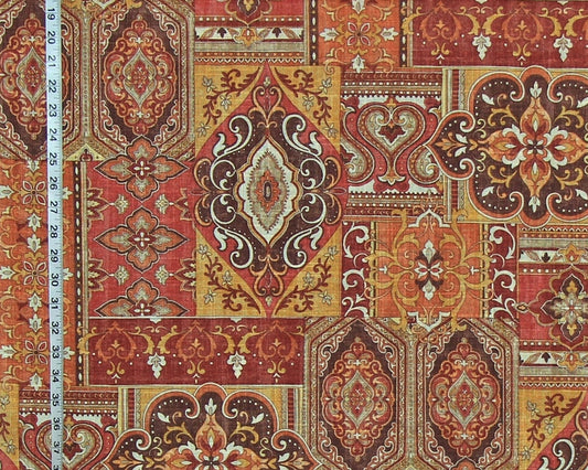 Ethnic Rug Fabric Patchwork Gold, Orange, Brown Linen