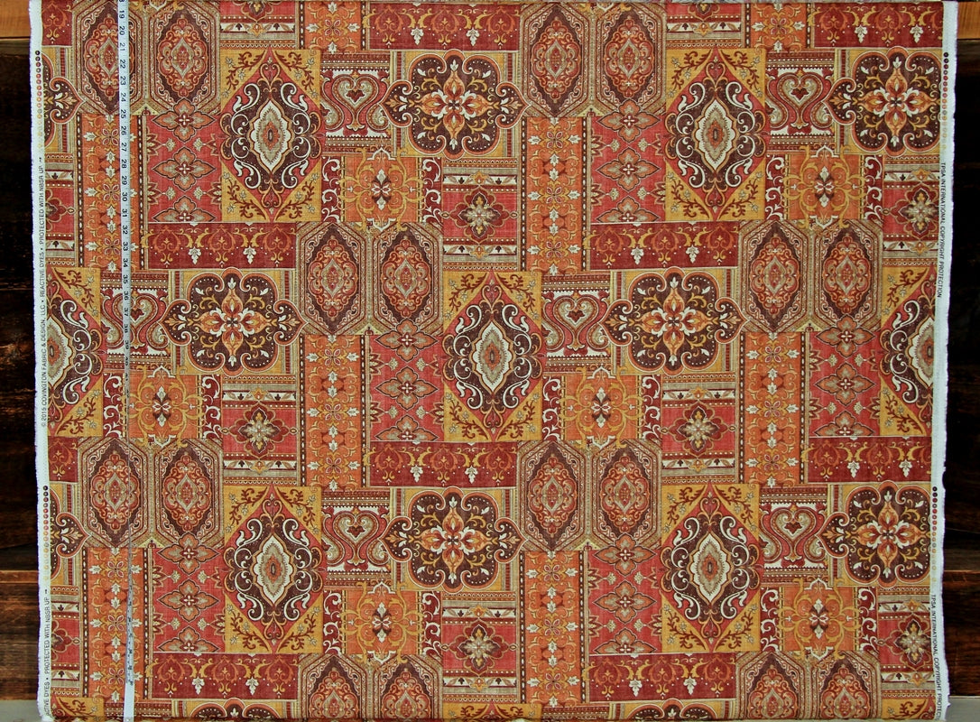 Ethnic Rug Fabric Patchwork Gold, Orange, Brown Linen