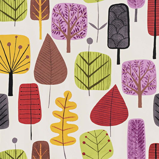 Retro Scandinavian wood tree leaf purple orange Wallpaper