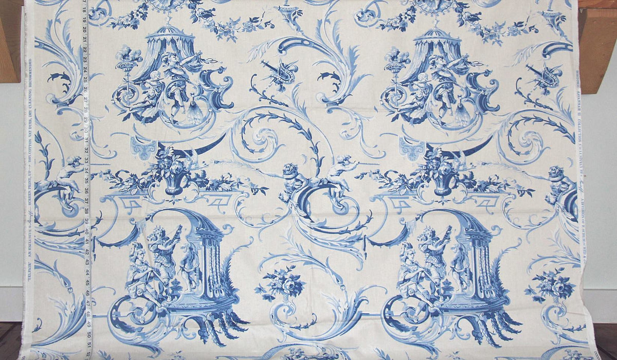 Blue toile musical fabric Schumacher Greeff Telfair 2 1/3 yd
